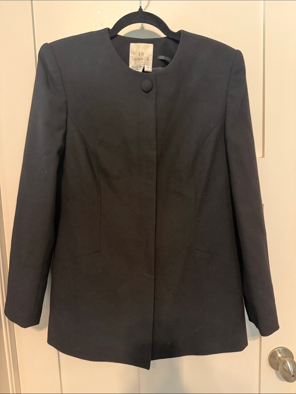 En Avance Vintage 90s Minimalist Quiet Luxury Black Collarless 100% Wool Blazer